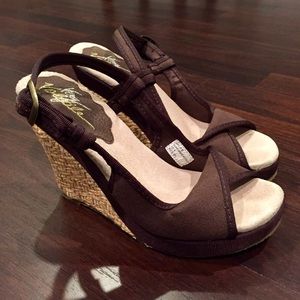 Very Volatile Brown Canvas Peep Toe Wedges
