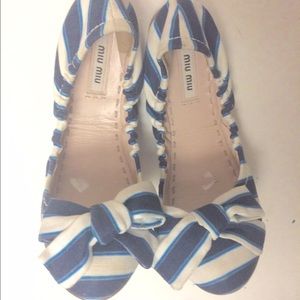 MIU MIU COTTON BOW ACCENT STRIPED BALLET FLATS 36