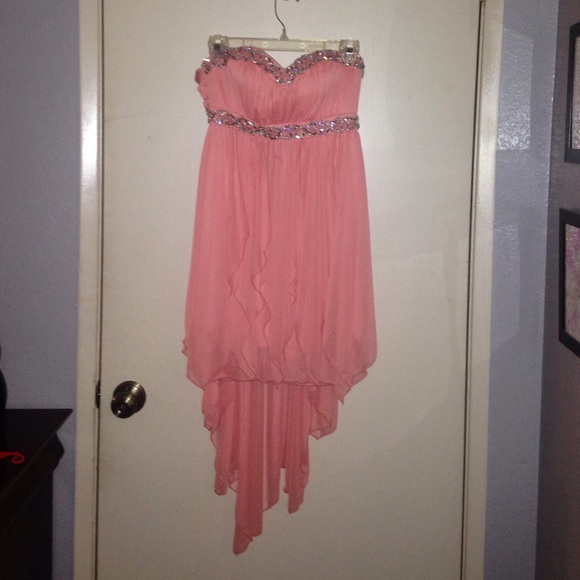 Peach/Coral short High-low dress.