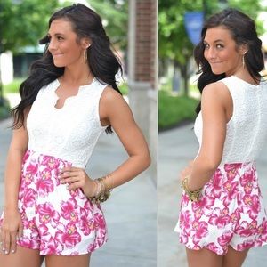 Pink Floral Romper with White Lace Crochet Top