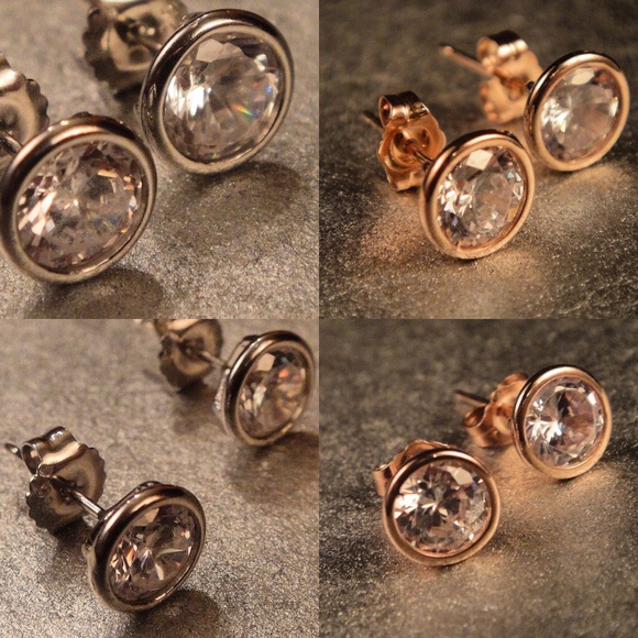 Silver or Rose Gold Tone CZ Bezel Earrings