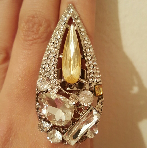 Yellow and Clear White Crystal Teardrop Ring