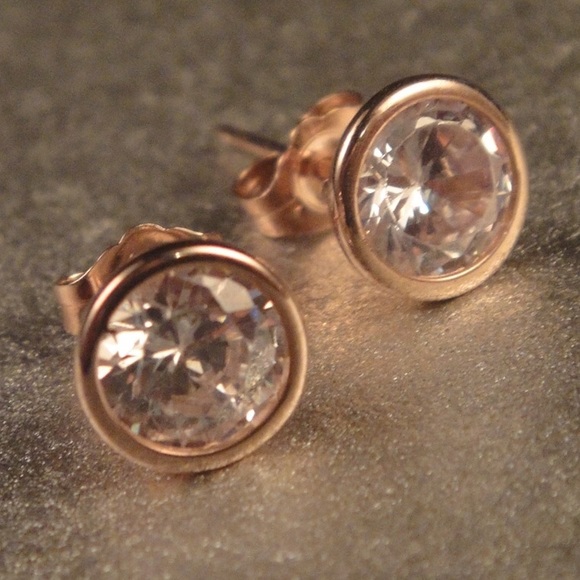 Silver Rose Gold CZ Bezel Set Stud Earrings - Picture 1 of 3