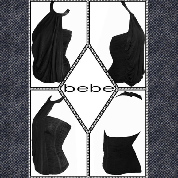BEBE Black Ruched Drape Leather Neck Halter Top S