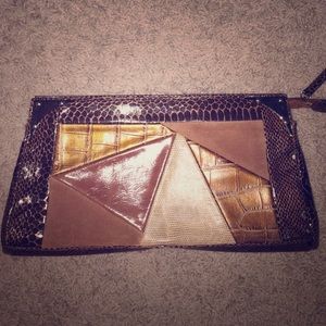 Bakers Brown, tan, gold, snakeskin print clutch