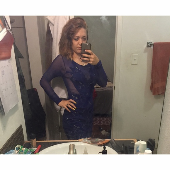 Navy Blue/Gold Meshed Bodycon Dress-Small - Picture 2 of 3