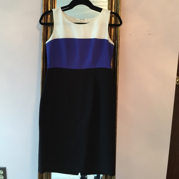 Black white and blue Kasper sheath dress.