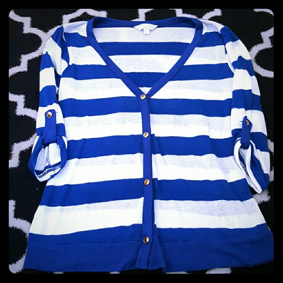 Striped 3/4 sleeve button cardigan blue