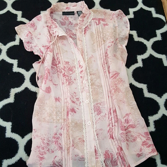 Pink boho lace ruffled tie neck button down