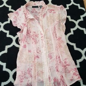 Pink boho lace ruffled tie neck button down