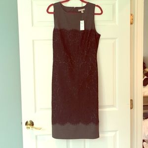 Sleeveless gray sheath with black lace overlay