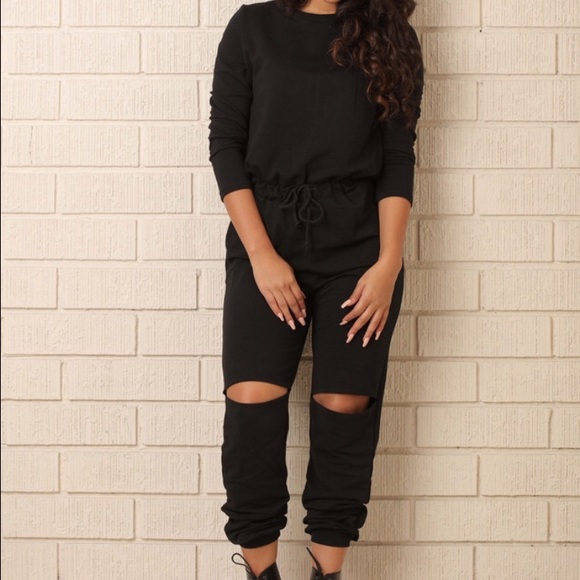Black, cotton knee slit jumpsuit