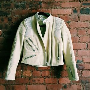 *LEATHER* cream and white moto jacket