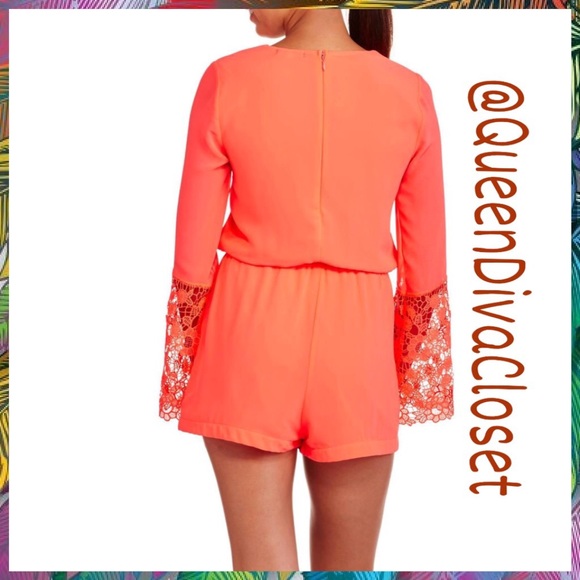 Neon orange coral lace bell sleeve short romper L - Picture 2 of 2