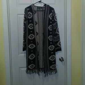 Almost Famous Long Hooded Cardigan Aztec Print