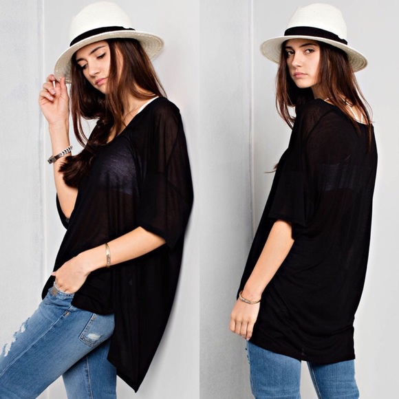 Basic Sleek V-neck Oversized Tee- BLACK - Picture 3 of 3