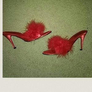 SOLD**Final Sale** NWOT Sexy Red Fur Slipper Heels