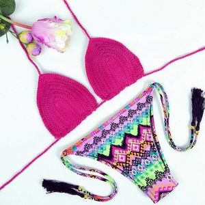 Vintage Printed Halter Crochet Bikini For Women