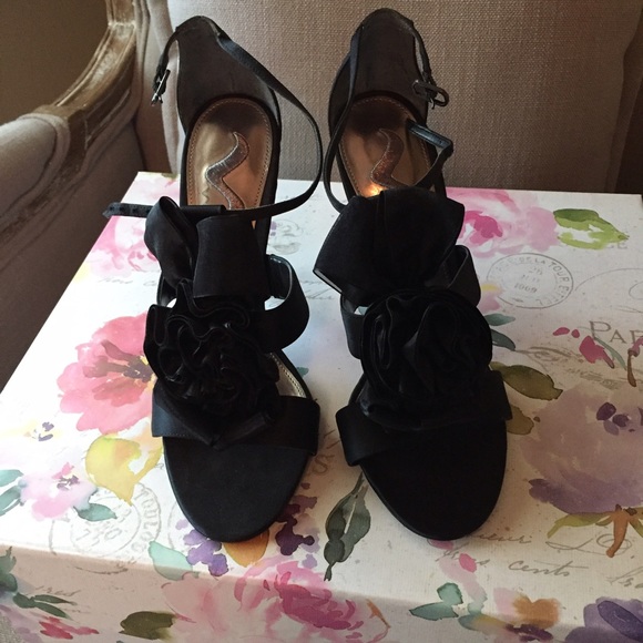Black satin strappy sandals.   Size 8