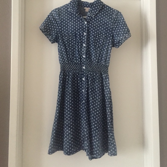 Polka Dot Faux Denim Button Up Skater Dress