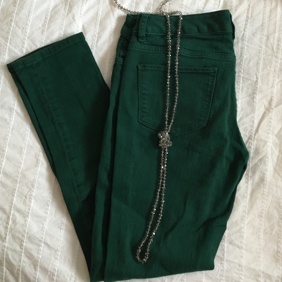 Hunter green skinny jeans.