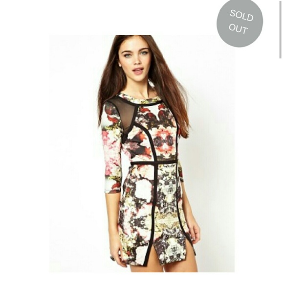 New ASOS mesh quarter sleeves bodycon dress black pink floral - Picture 1 of 9