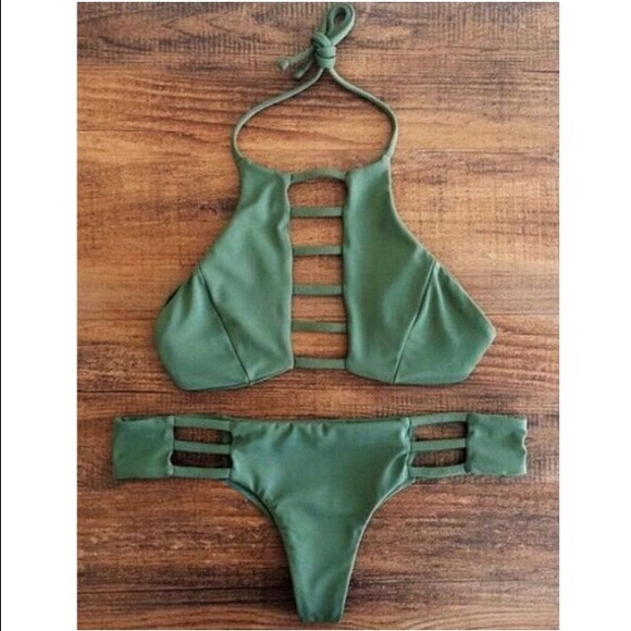 Olive caged cheeky bikini set