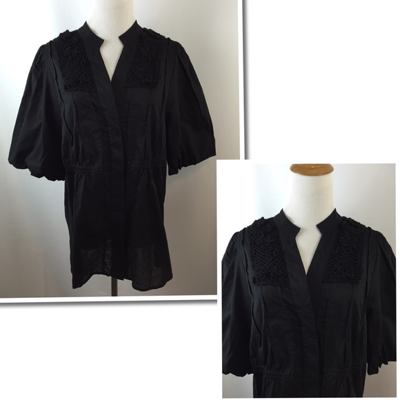 BcbgMaxAzria Puffed Short Sleeve Pleats & Lace Detail hidden button Shirt