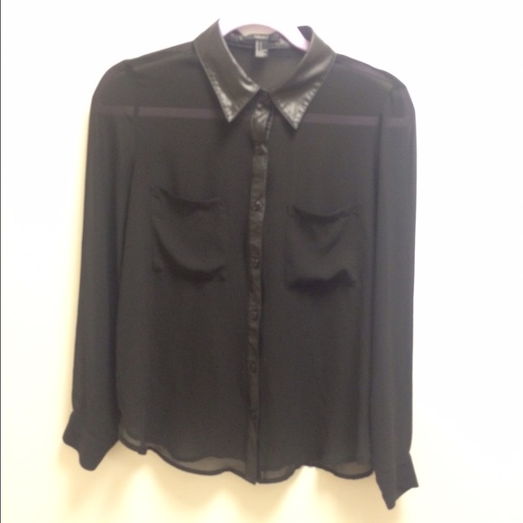 Sheer and (faux) leather black button down top - Picture 1 of 3