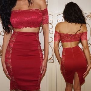 Two Piece Wine Red Cocktail Dress