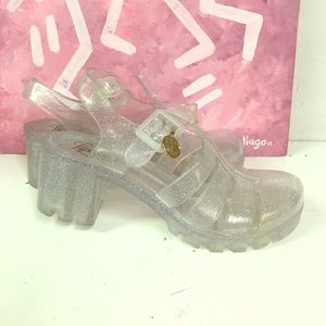 Clear w/silver glitter lugged heel jelly sandals