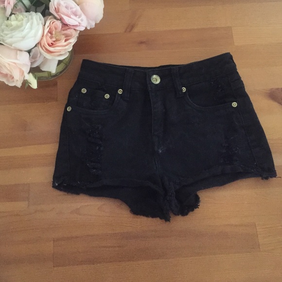 High Waisted Black Denim Shorts