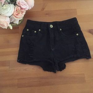 High Waisted Black Denim Shorts