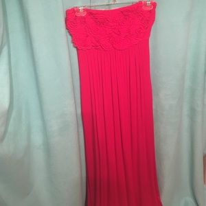 Hot pink flower detailing strapless maxi dress