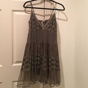 green brown spaghetti strap lace embroidered dress