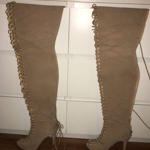 Lace up open toe thigh high boots