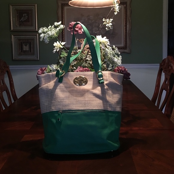 Green Leather/Fabric Tote Bag