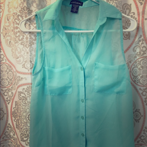 Sheer button up blouse in teal.