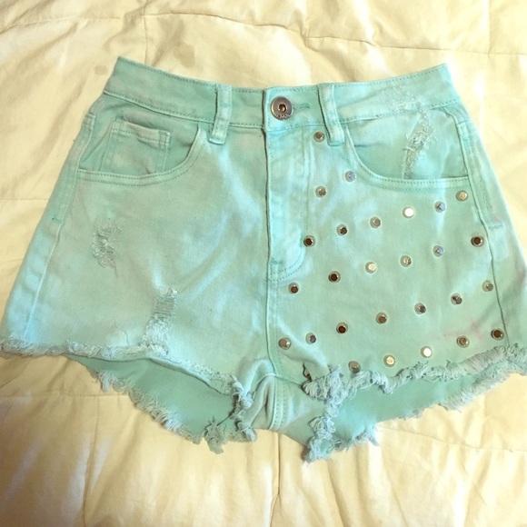 Mint denim shorts with studs