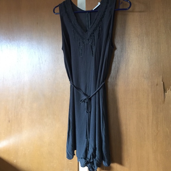 Charcoal gray scalloped romper with embroidery