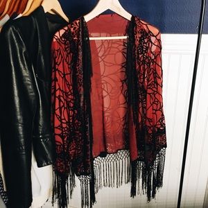 Maroon and black vintage velvet fringe kimono