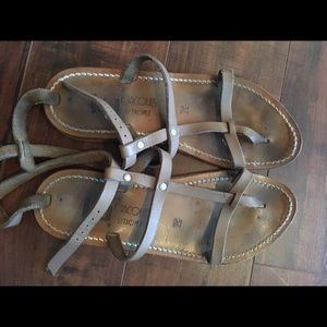 K Jacques beige strappy sandals.