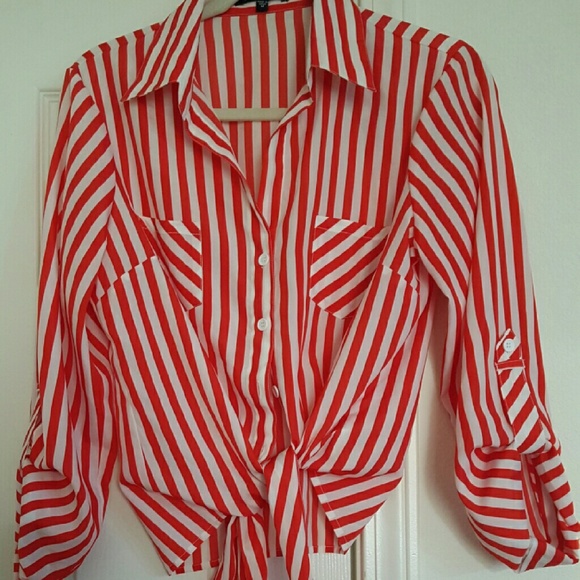 Cute red and white striped blouse.