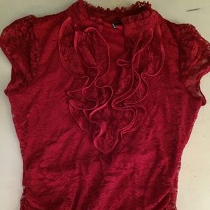 Blood red silk trimmed lace top
