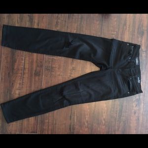 J Crew toothpick black distressed jeans.