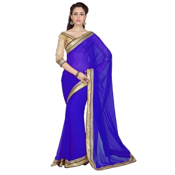 Blue Chiffon Saree with Silver/Gold Trim