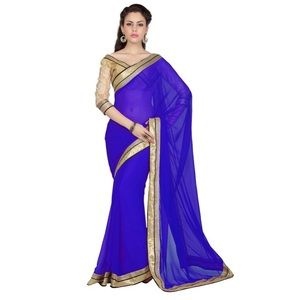 Blue Chiffon Saree with Silver/Gold Trim
