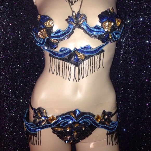 Blue Gold Black Vegas Showgirl Samba Costume - Picture 1 of 4