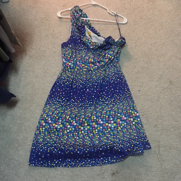 One shoulder blue dress with ruffle collar
