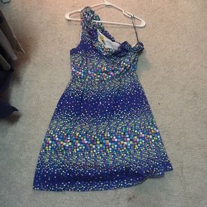 One shoulder blue dress with ruffle collar